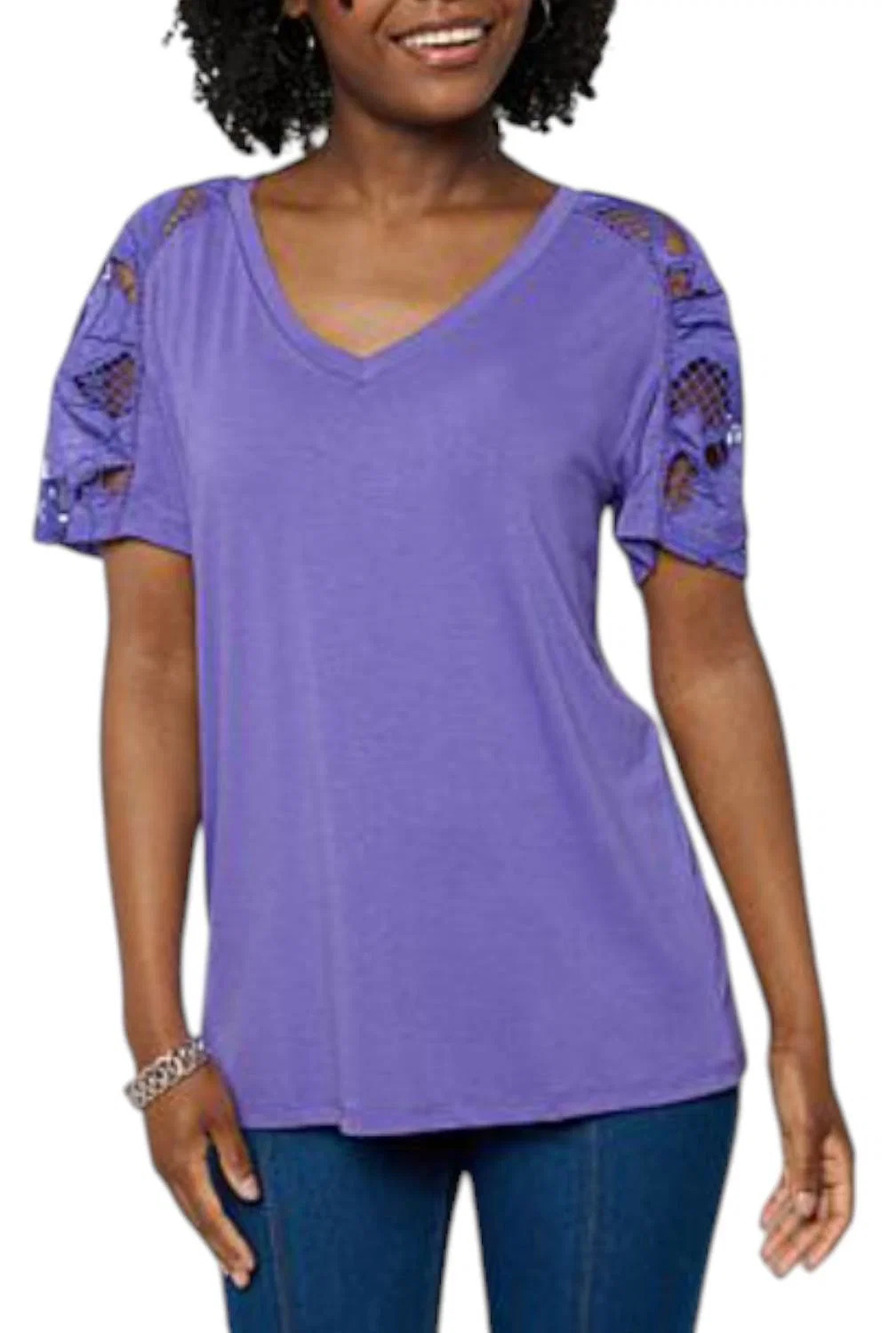 DG2 by Diane Gilman Women's Jersey Eyelet Ruched Sleeve Top Purple - Regular